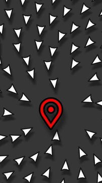 Vertical 2D Animation of Location Arrow Icons Following Map Pin Target Loop Digital GPS Navigation and Geolocation Concept