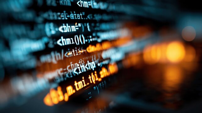Close up of glowing digital code on a dark computer screen with bokeh lights in the background