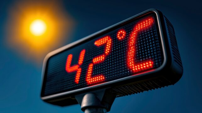 Digital outdoor thermometer displaying 42 degrees celsius under a scorching sun for climate change reporting and weather news