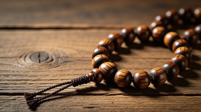 Brown wooden prayer beads rest on aged wood table. Close-up view shows texture and grain. Gentle light creates calm spiritual mood. Object symbolizes faith meditation and inner peace.