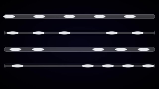 Abstract digital loading bar animation with moving glowing ellipses on dark 4k background, progress