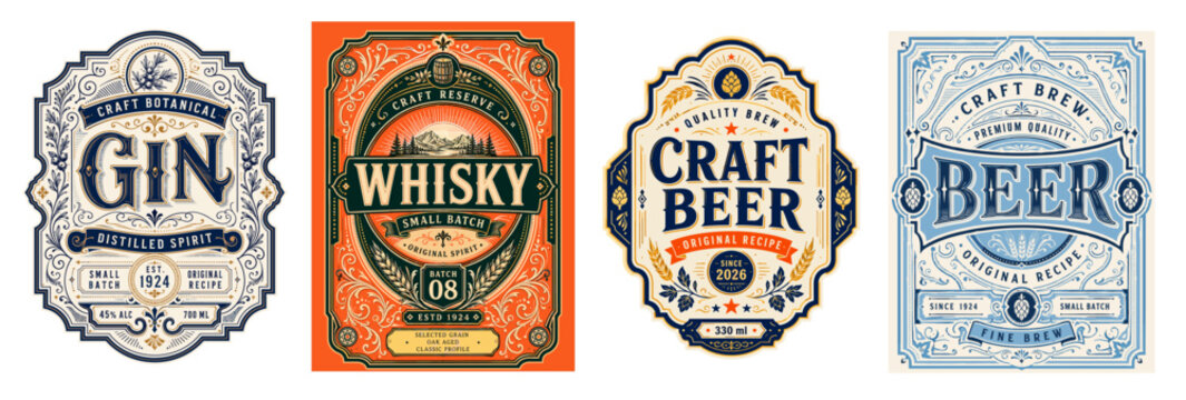 Сraft alcohol label set with gin, whisky and beer badges, ornate borders, botanical details, bold typography and premium packaging templates for bottle branding vector design.