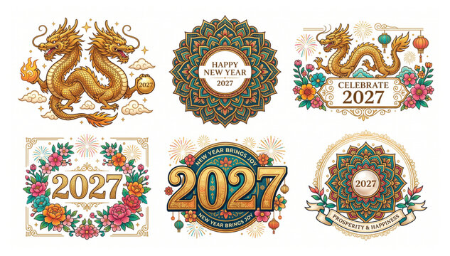 Chinese new year 2027 dragon illustration set with floral ornaments and festive decorations ornament illustration celebration tradition greeting decorative prosperity oriental