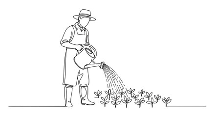 Obraz premium Farmer Watering Seedlings Single Line Drawing