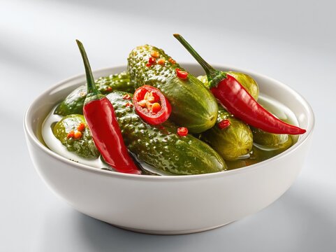Spicy Dill Pickles and Red Chili Peppers in Brine, Refreshing Appetizer and Condiment