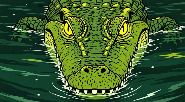 Green crocodile emerges from dark water, its yellow eyes glow ominously. The predator lurks just below the surface, ready to strike. Its scaly skin is textured and detailed, hinting at danger.