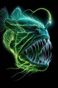 Anglerfish showing sharp teeth and bioluminescent lure in dark ocean waters for marine biology research and educational publishing