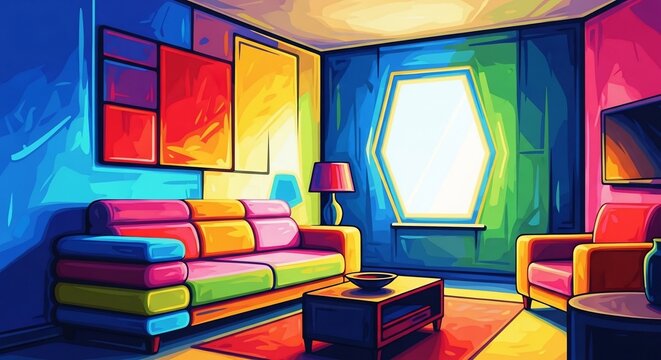 Vibrant living room interior with colorful furniture and decor