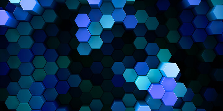 3d rendered background of patterned hexagons in vivid saturated blue colors. Three dimensional hex shapes in geometrical patterns for vibrant colorful scientific or technical 3d backgrounds