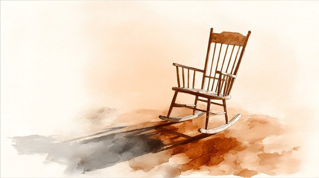 Elegant watercolor illustration of a rocking chair with soft shadows and earthy tones, creating a peaceful home atmosphere in a clean artistic furniture composition.