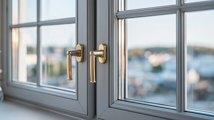 Obraz premium Close-up of elegant brass window handles on a grey casement window with a blurred cityscape view