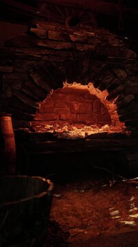 A brick fireplace sits at the center of a cabin. Flames burn brightly, illuminating the stone and wood. Ash covers the floor. A barrel stands nearby, adding to the rustic scene.