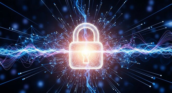 Glowing padlock with neon lines and dots on dark abstract background