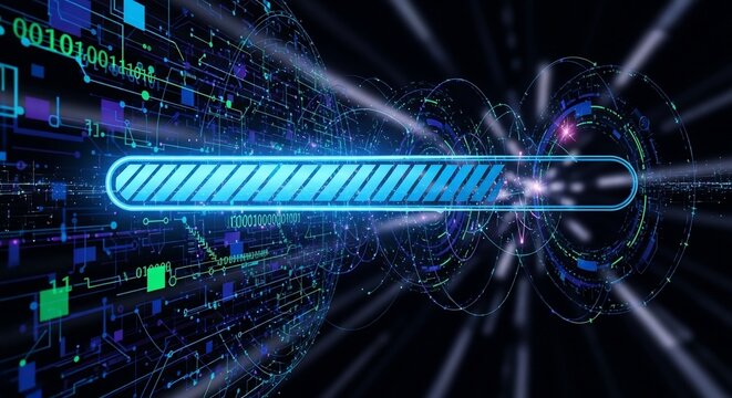 Futuristic technology loading bar with neon lights and circuit board