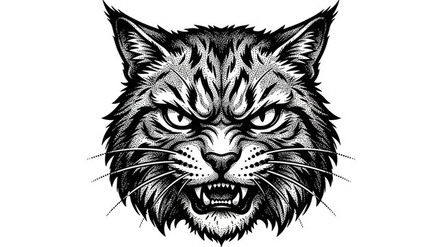 Fierce Bobcat Face Illustration, Wild Animal Portrait, Gritty Black and White Art