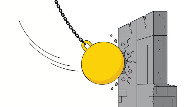 Yellow Wrecking Ball Smashing Through Gray Stone Wall Demolition Icon