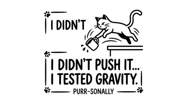 Funny Cat Testing Gravity, I Didn't Push It Pun T-shirt Design