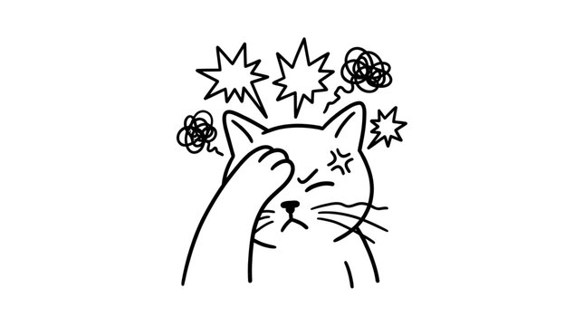 Frustrated Cat Drawing with Hand on Forehead, Anime Style