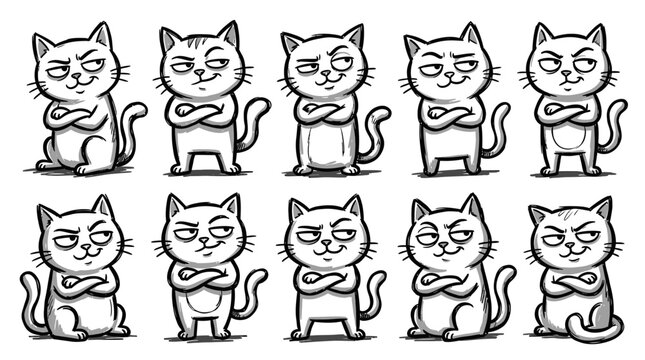 Grumpy Cat Collection: Funny Cartoon Feline Expressions with Arms Crossed