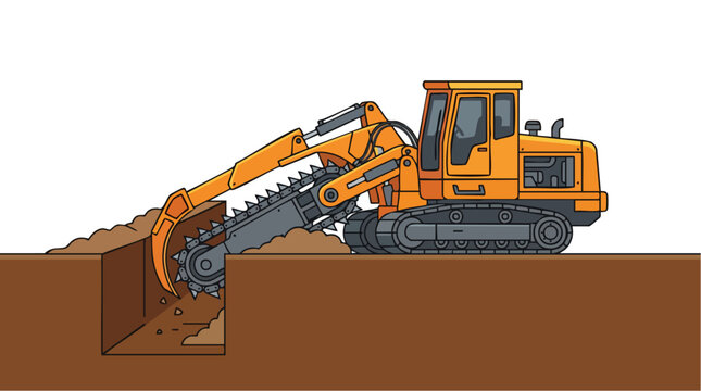 Trenching machine digging a ditch flat vector illustration
