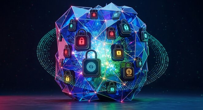 Locks and digital security concept with glowing blue geometric shape