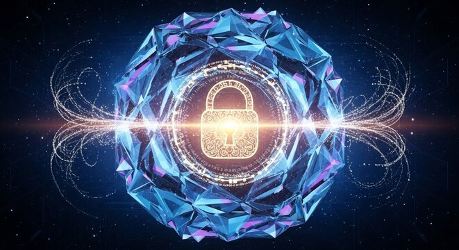 Digital padlock with glowing lines and blue crystal shield