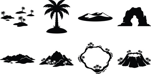 Obraz premium Tropical Island Silhouette Vector Set with Palm Trees Volcano and Coastal Elements