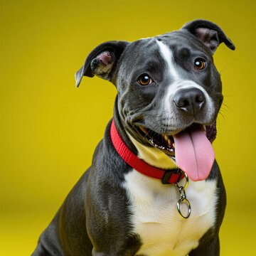 Gray pitbull mix dog with white markings sits happily in studio against bright yellow background. Friendly canine wears red collar, panting with tongue out, appearing to playful, excited for