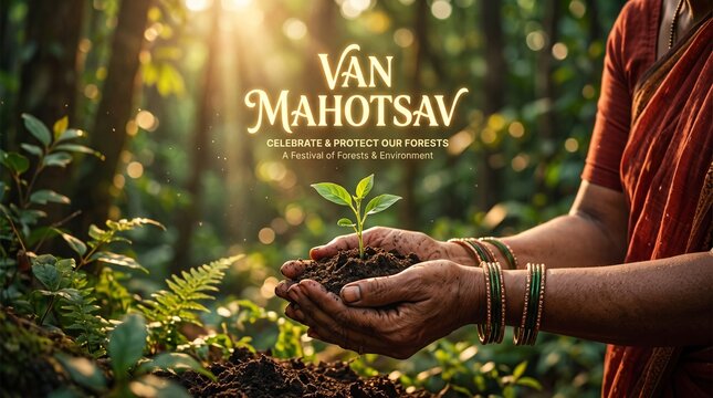 Van Mahotsav Indian forest festival poster. Traditional Indian woman hands in beautiful bangles holding fertile soil with a growing green sapling. Lush sunny forest background with eco-friendly