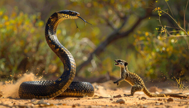 Snake and mongoose confrontation in natural habitat