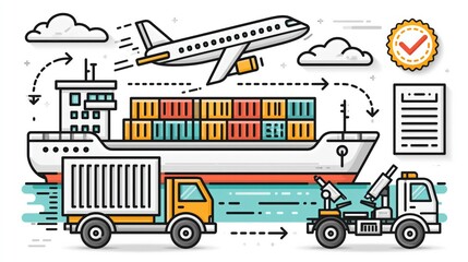 Fototapeta premium Global Logistics and Supply Chain Management Illustration with Ship, Airplane, Truck, and Crane