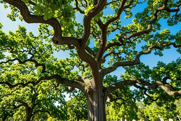 Fototapeta premium Majestic old oak tree with sprawling branches and green foliage against clear blue sky. Ancient wood stands in tranquil rural cemetery under bright sunlight, suggesting history and nature resilience.