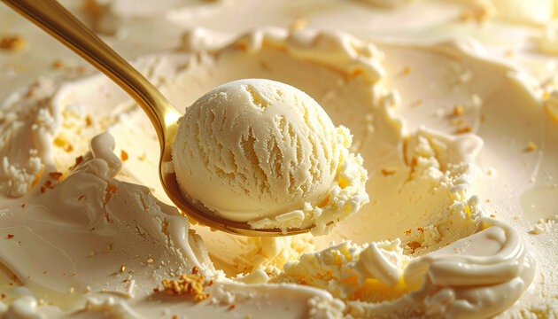 Close-up of a golden spoon holding a scoop of creamy vanilla ice cream