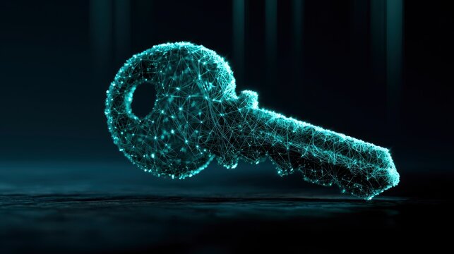 Cyber security key glowing with blue data particles on a dark surface in a sharp macro shot for information technology and software branding