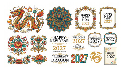 2027 new year dragon and floral decorations vector design elements with illustration ornamental decorative celebration greeting tradition mythical prosperity oriental template celebrate © Shaon