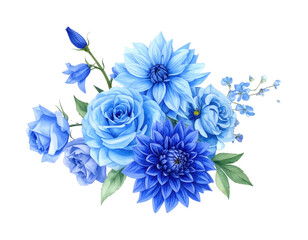 Obraz premium Illustration Bouquet of blue flowers, watercolor blue floral, rose, peony, dahlia, Is