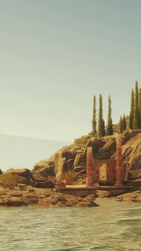 Ruins of old structures are seen near the waters edge with rocky terrain and trees in the background. The scene shows a clear sky and distant mountains.