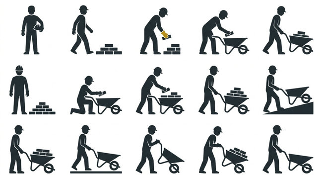 Collection of black silhouette workers with wheelbarrows.