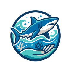 Naklejka premium Shark in circular waves over a human hand.