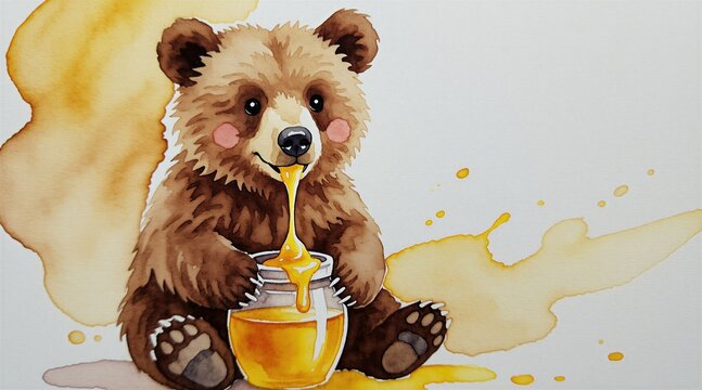 Cute bear cub sits with glass jar of golden honey. Dripping sweet nectar on paw, enjoys tasty treat. Watercolor art style. Funny animal with food.