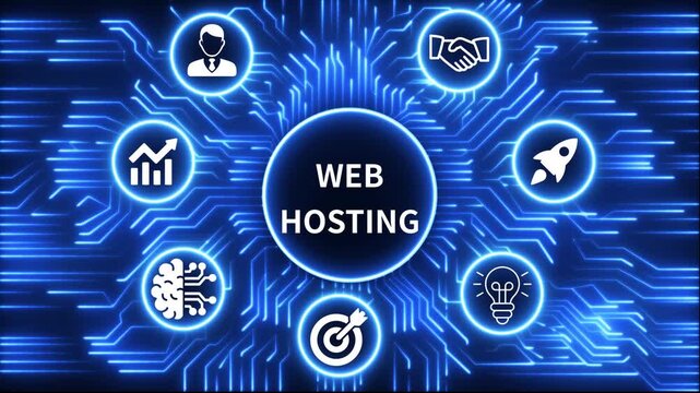web hosting icon surrounded by smaller icons for ai manufacturing strategy. A glowing neon, and manufacturing process management all connected in a digital circuit like pattern, 4k video animation