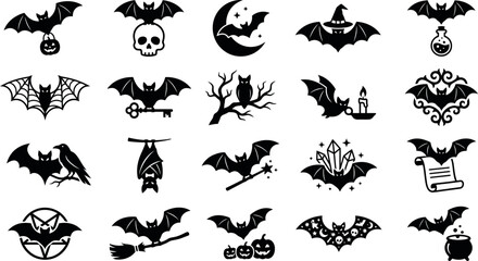 Fototapeta premium Halloween bat icons collection flying and perched in spooky black silhouette set 