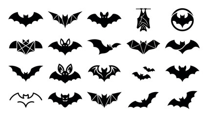 Fototapeta premium Collection of Black Silhouette Bats Flying on White Background for Halloween Décor 