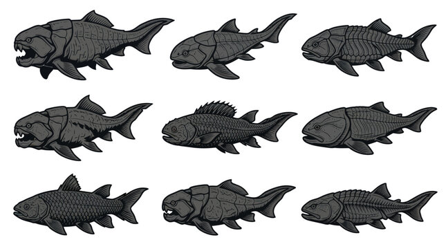 A monochrome flat vector icon set of 9 detailed armored fish with plated body texture, rigid fin shapes, rough skin patterns, strong skeletal silhouette, protective scale armor, realistic fish anatomy