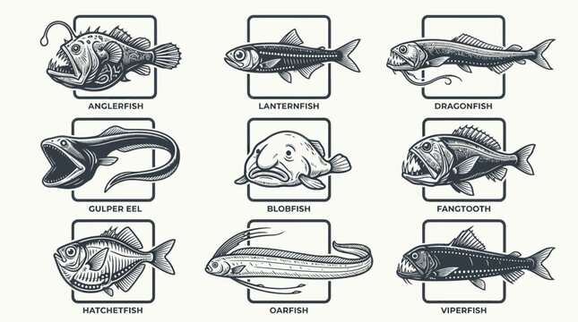 A monochrome flat vector icon set of 9 detailed deep sea fish including anglerfish, lanternfish, dragonfish, gulper eel, blobfish, fangtooth, hatchetfish, oarfish, and viperfish, unusual body forms