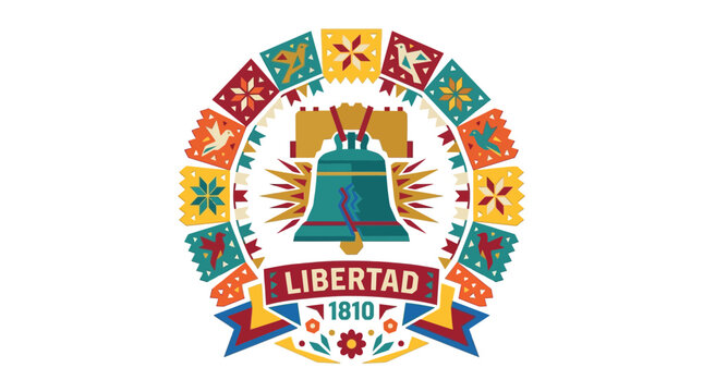 Mexican Independence Day Emblem with Liberty Bell and Papel Picado