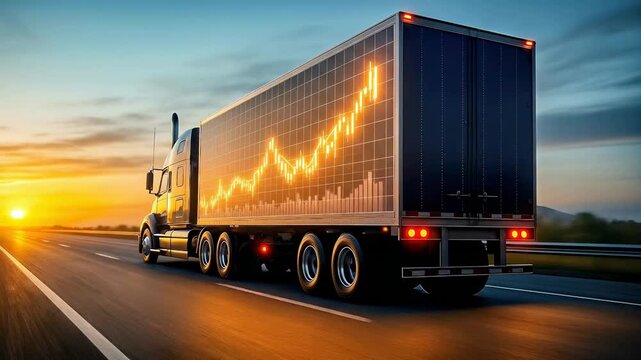 Truck driving on highway with digital graph on trailer, concept of smart logistics and real-time transportation analytics