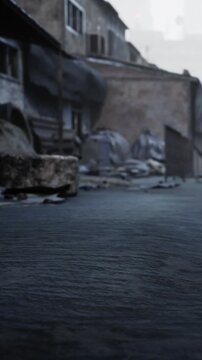 A deserted area shows broken structures and scattered debris on the ground. The scene captures a sense of neglect and abandonment. No people are present in the view.