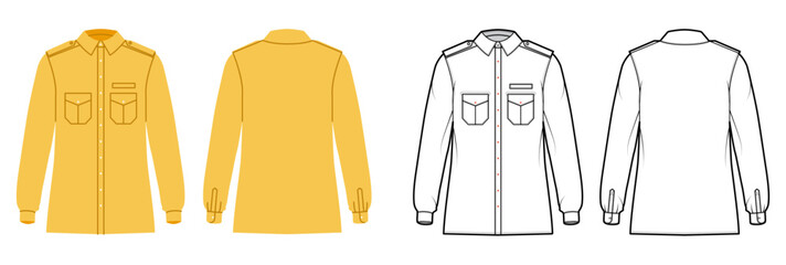 Naklejka premium Military shirt with epaulettes, dual chest pockets and button closure, structured silhouette and cuffed sleeves. Technical fashion illustration in black white and color, front and back views. Vector