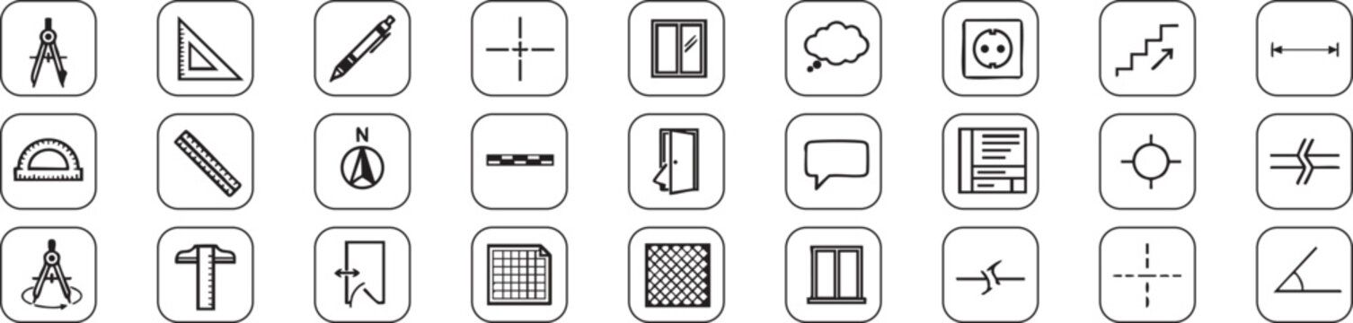 Geometry measurement tools and engineering design symbol black outline icon vector collection